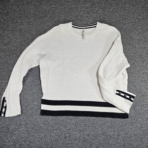Lou & Grey Herringbone Knit White Sweater With Black Accent Stripes, Medium